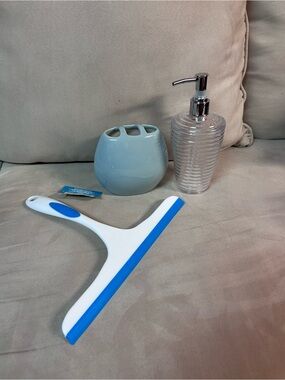 Bathroom Set - Squeegee, Ceramic Toothbrush Holder & Plastic Soap Dispenser
